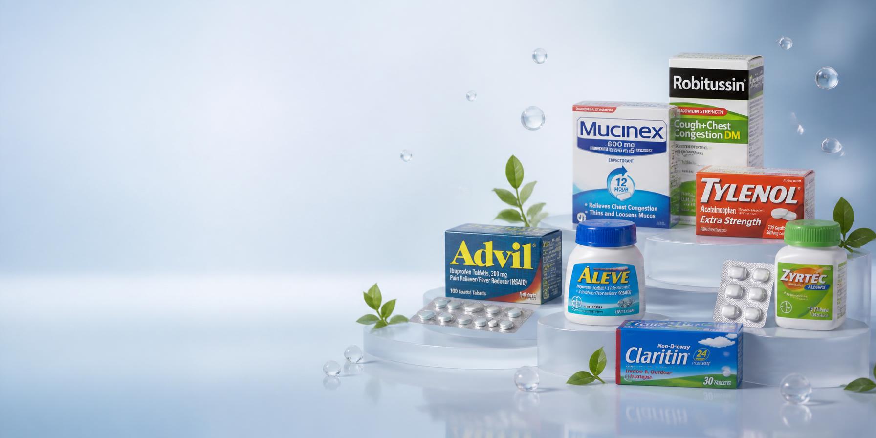 Medicines and wellness products on a bright pharmacy display